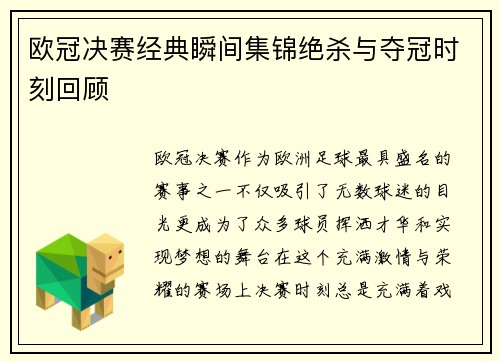 欧冠决赛经典瞬间集锦绝杀与夺冠时刻回顾