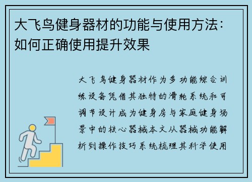 大飞鸟健身器材的功能与使用方法：如何正确使用提升效果